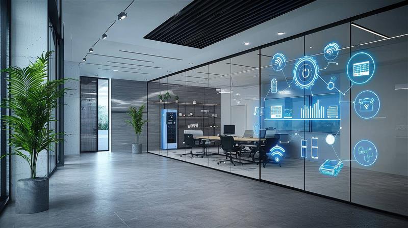 Photo of an office buildings with icons symbolizing smart buildings