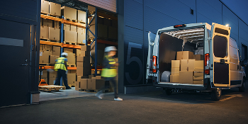 Warehouse loading dock with delivery trucks for just-in-time cable delivery